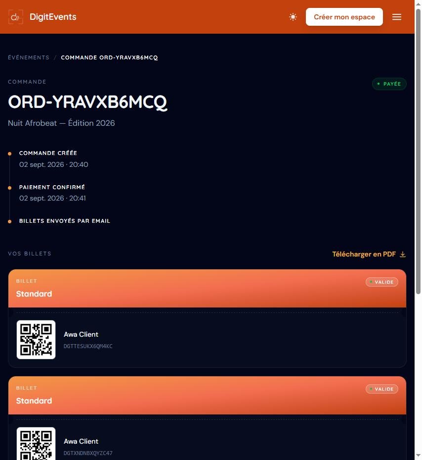 Page de statut d'une commande payée avec billets et QR codes