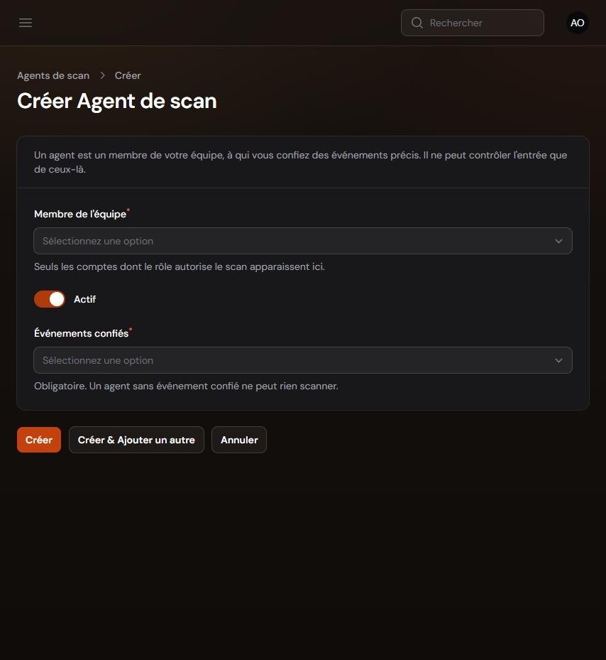 Formulaire de création d'un agent de scan