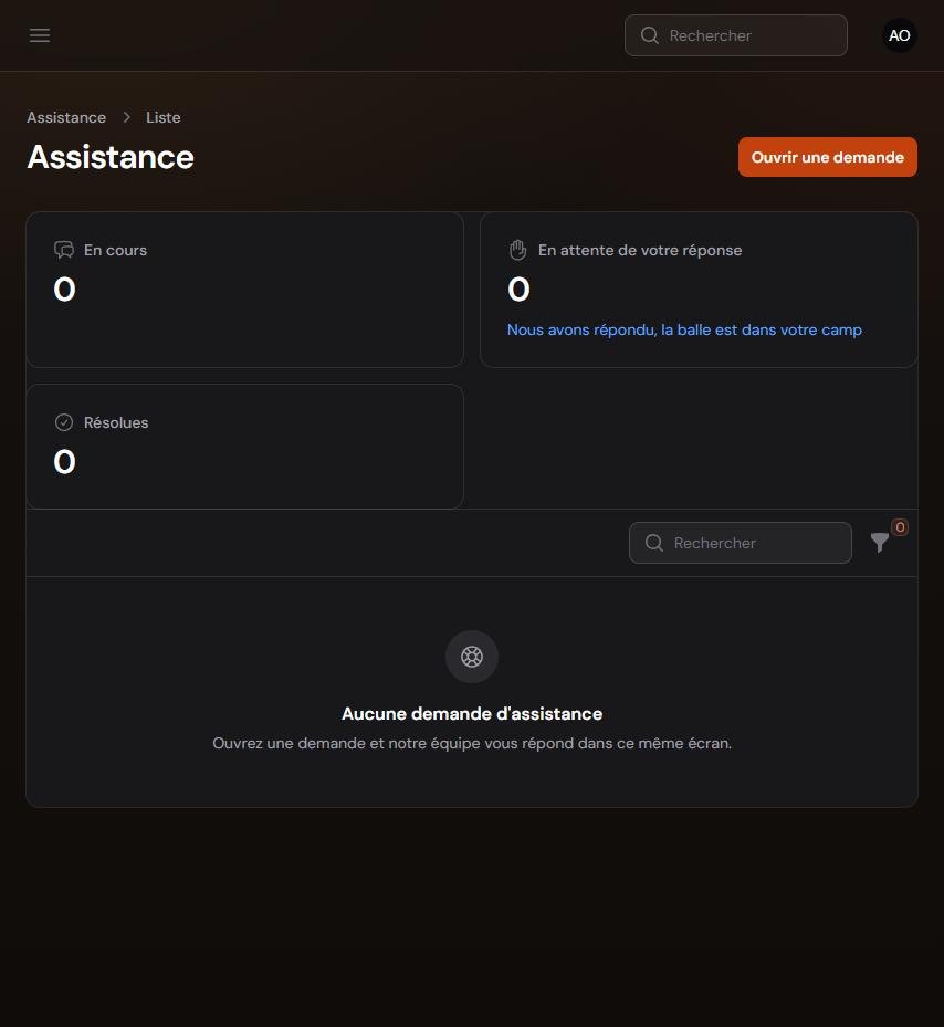 Écran Assistance du panel Organisateur